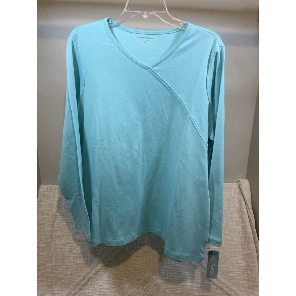 Coldwater Creek Mint Green Pima Cotton Asymmetric Neck Long Sleeve Top Tee Sz XL